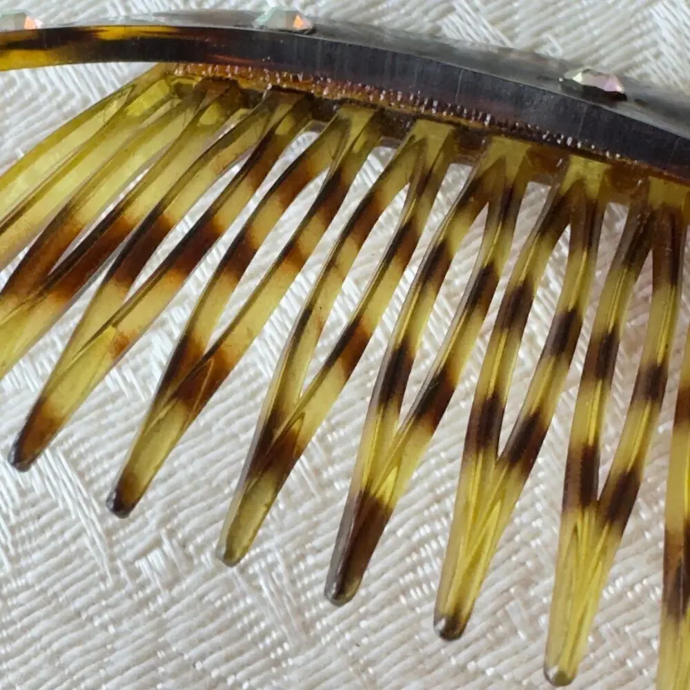 Vintage Brown Tortoiseshell Celluloid Hair Comb Deco 1930s Starburst Rhinestones
